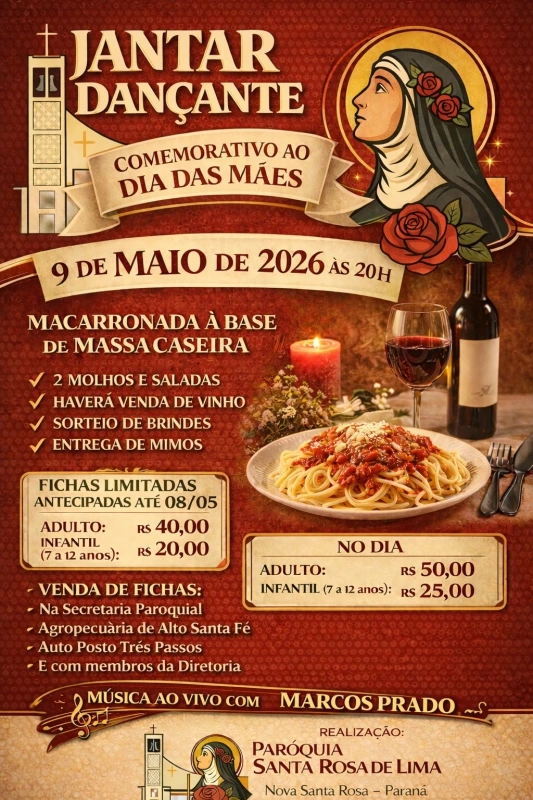 Paróquia Santa Rosa de Lima promoverá noite especial para o Dia das Mães