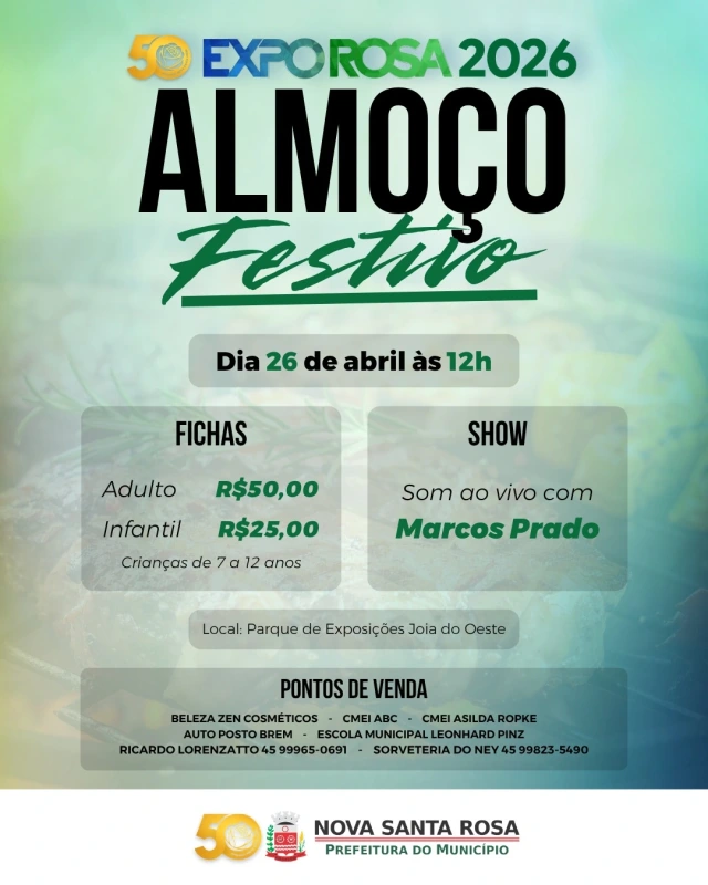 Programação da Expo Rosa 2026 inclui Almoço Festivo no dia 26 de abril
