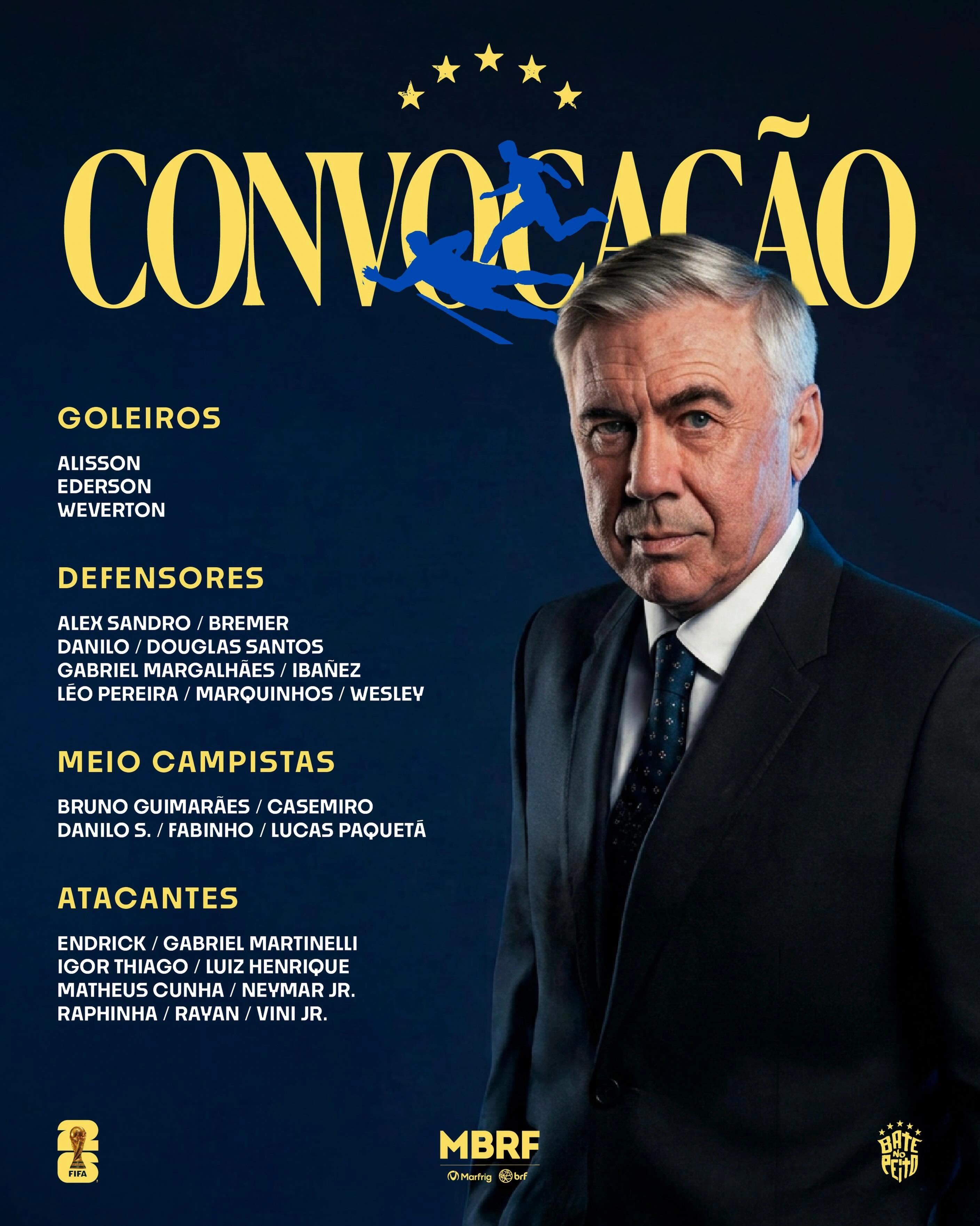 Com Neymar, Ancelotti anuncia convocados da seleção brasileira para a Copa do Mundo