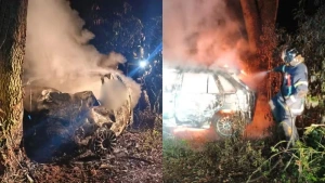 Duas pessoas morrem carbonizadas após carro bater contra árvore e pegar fogo no Paraná