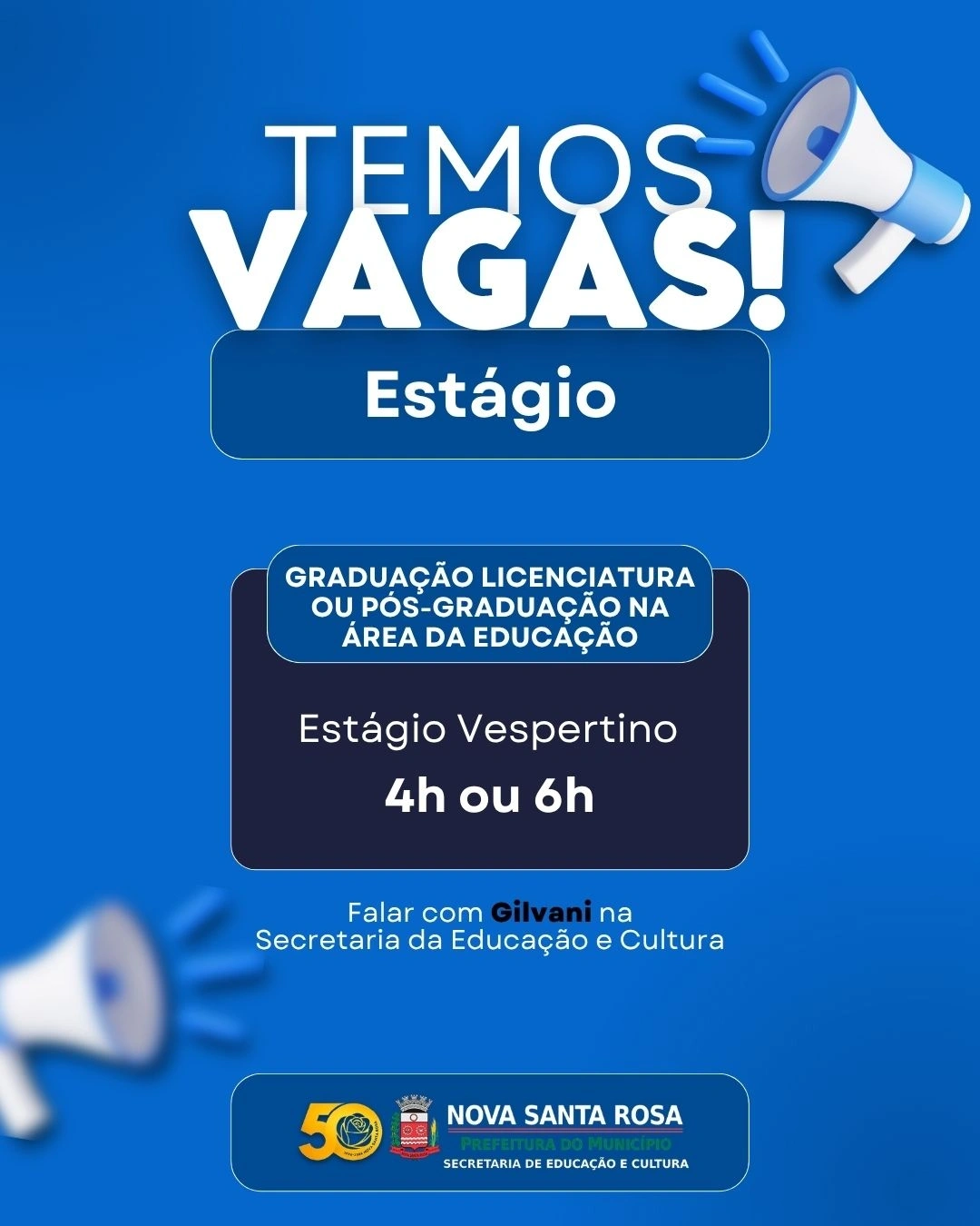 Secretaria de Educação de Nova Santa Rosa segue com vagas abertas de estágio para estudantes de licenciatura e pós-graduação