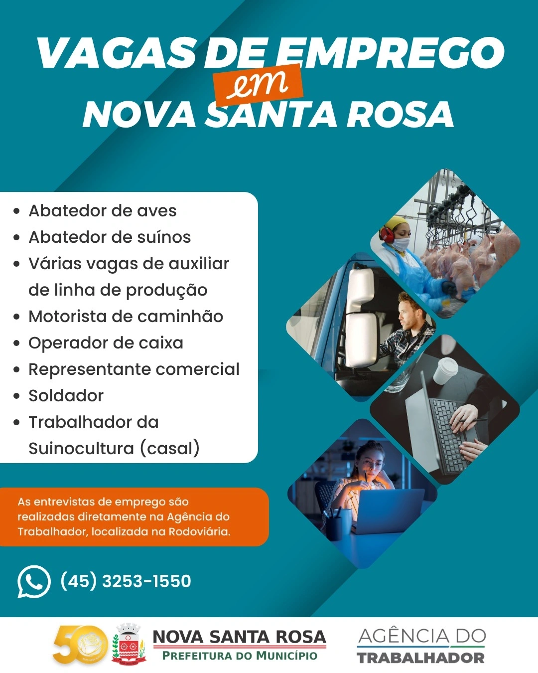 Agência do Trabalhador divulga vagas de emprego disponíveis neste início de semana em Nova Santa Rosa