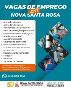 Agência do Trabalhador de Nova Santa Rosa divulga vagas de emprego disponíveis nesta segunda-feira (06)