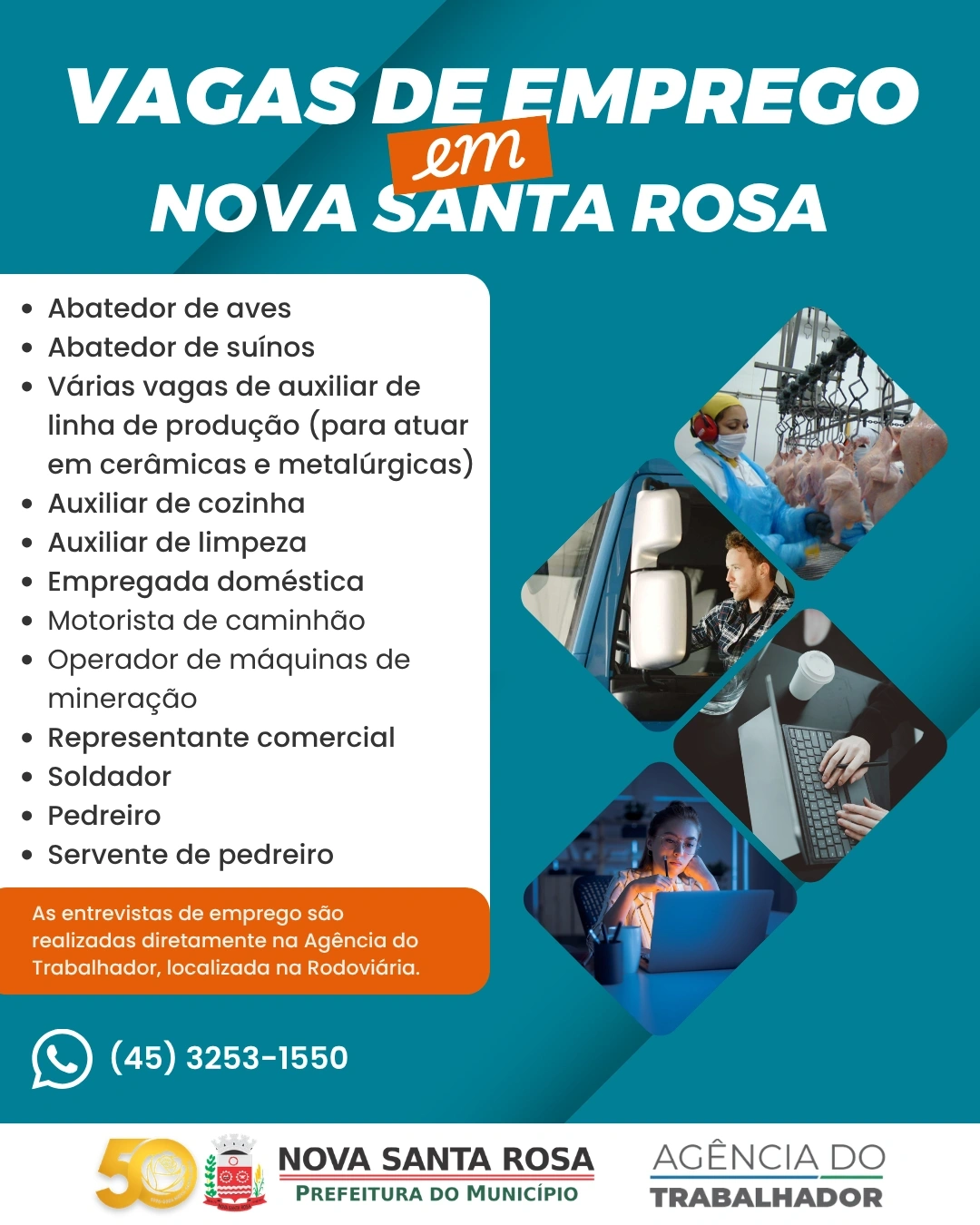 Agência do Trabalhador de Nova Santa Rosa divulga vagas de emprego disponíveis nesta segunda-feira (06)