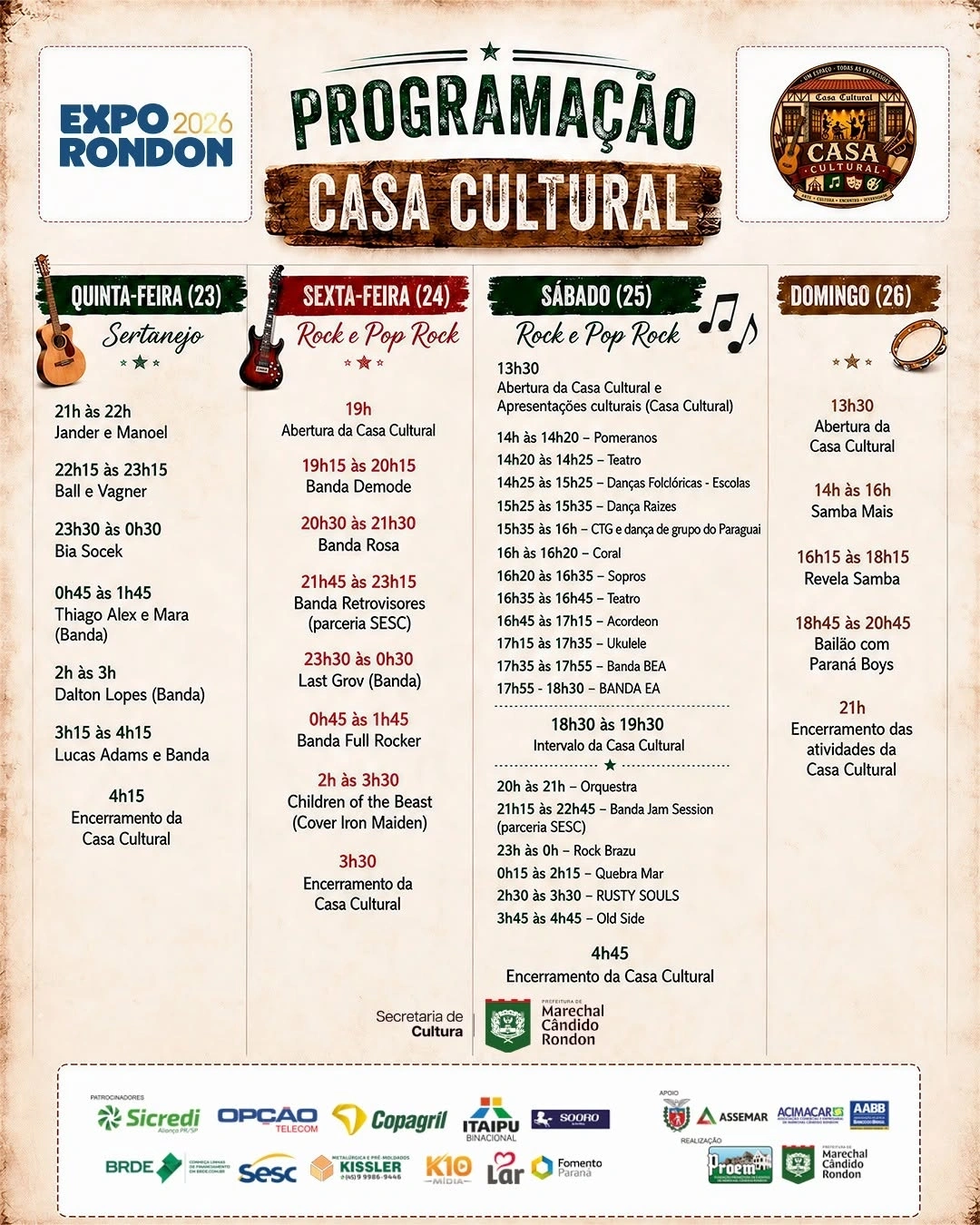 Bia Socek, Last Grov, cover de Iron Maiden, Jam Session, Quebra Mar e Rusty Souls são algumas das atrações da Casa Cultural da Expo Rondon 2026
