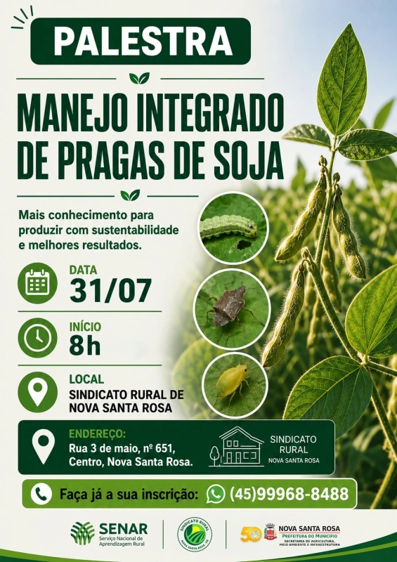 Palestra sobre Manejo Integrado de Pragas da Soja será realizada em Nova Santa Rosa