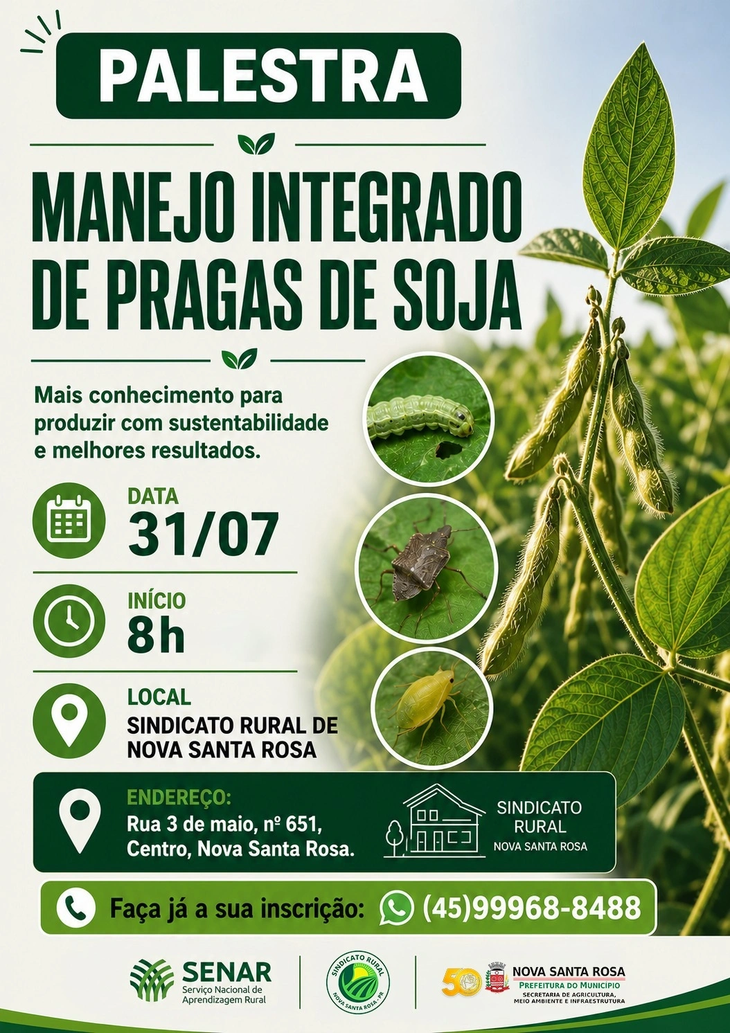 Palestra sobre Manejo Integrado de Pragas da Soja será realizada em Nova Santa Rosa