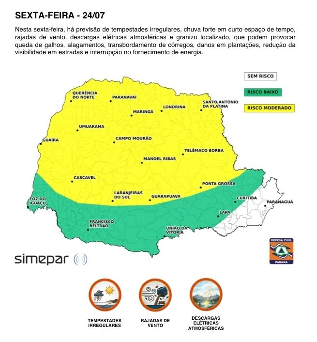 Chuva vai e volta no Paraná até domingo, mas segunda-feira volta a ter sol
