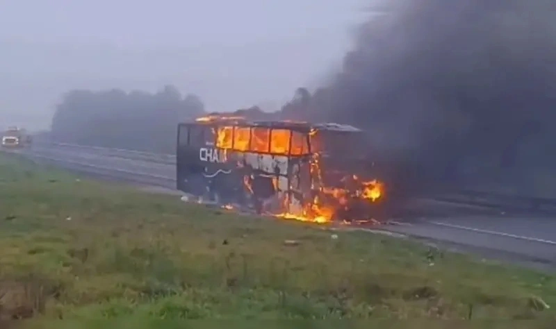 Ônibus de grupo de música gaúcha fica destruído após pegar fogo na BR-376
