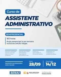 Nova Santa Rosa oferece curso de Assistente Administrativo em parceria com o SENAI