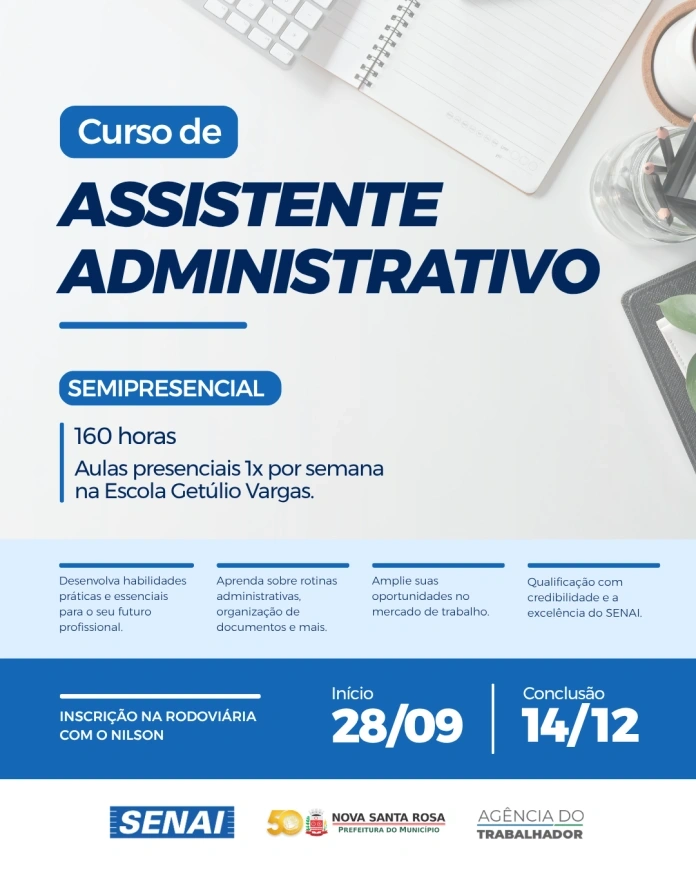 Nova Santa Rosa oferece curso de Assistente Administrativo em parceria com o SENAI